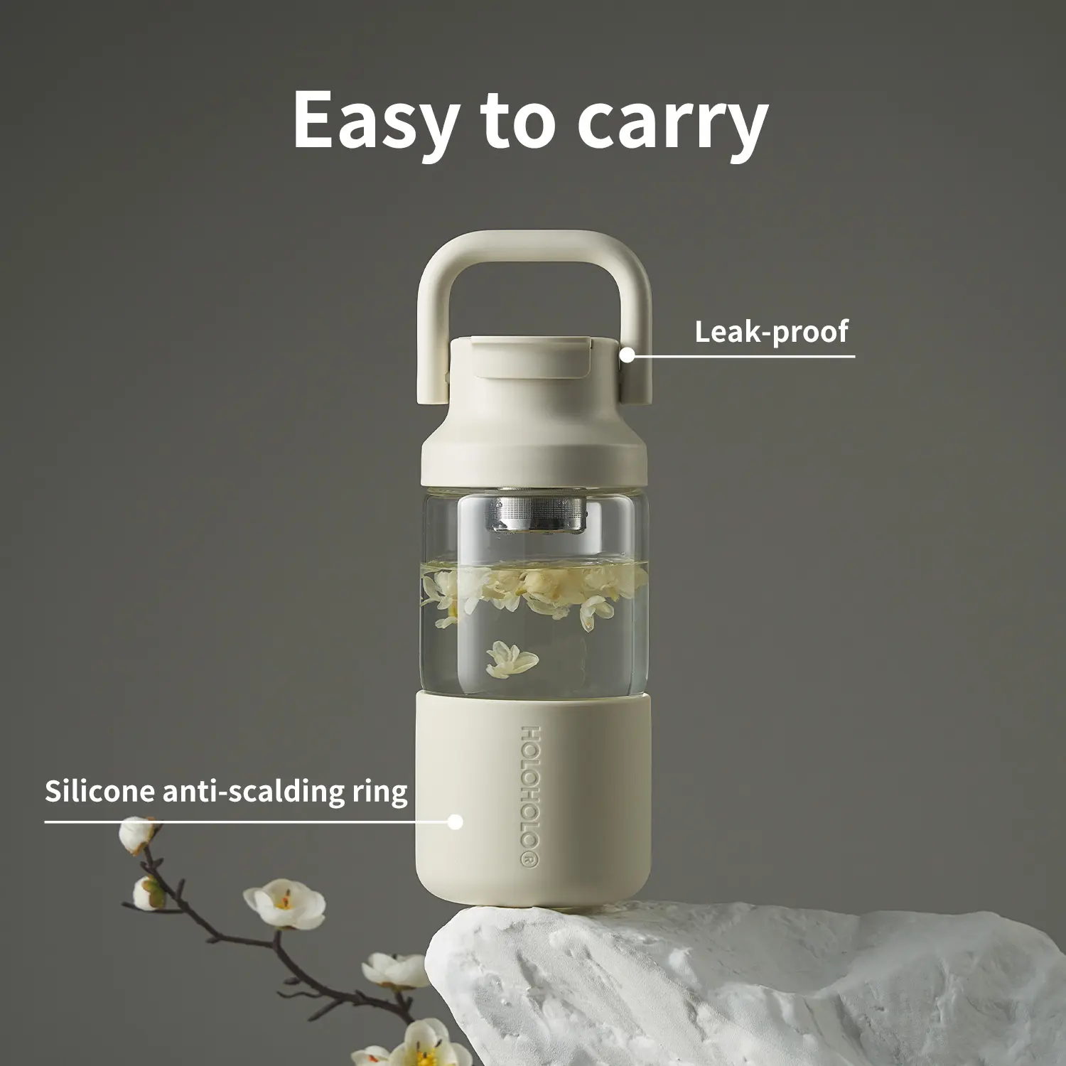 HOLOHOLO 22oz BrewCap Glass Water Bottle | High Borosilicate Glass | 360° Leak-Proof | Detachable Lid | Portable Clear Bottle Lid Drinkware