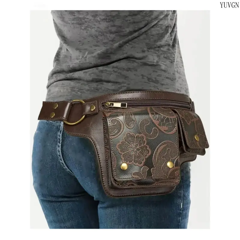 Unisex Vintage Floral Embossed Leather Waist Bag - Adjustable Strap Hip Worn Bum Bag, Retro Motorcycle Style Multifunctional Crossbody for Outdoor Travel & Daily Commute, summerwins Casual Waistpack