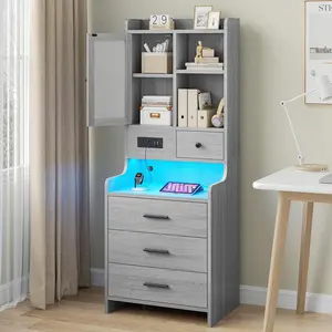 Sikaic LED Tall Nightstand - Multi-Function Dual-Use RGB-Lit Elevated Flat-Top Apartment Furniture, Dual-Use Bedside Table with Charging Station, Drawers, Shelves, Glass Door Storage, USB Ports, Light Strips for Bedroom Organization