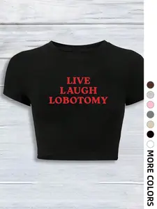 Women's Letter Print Round Neck Tee, Casual Short Sleeve Crop T-shirt, Shortsleeve Graphic Tees Women, Ladies Summer Graphic Tees Women for Daily Wear, Casual Fashionable Top