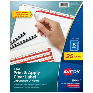 Avery® 8 Tab Unpunched Dividers for Use with Any Binding System, Easy Print & Apply Clear Label Strip, Index Maker® Customizable White Tabs, 25 Sets (11444)