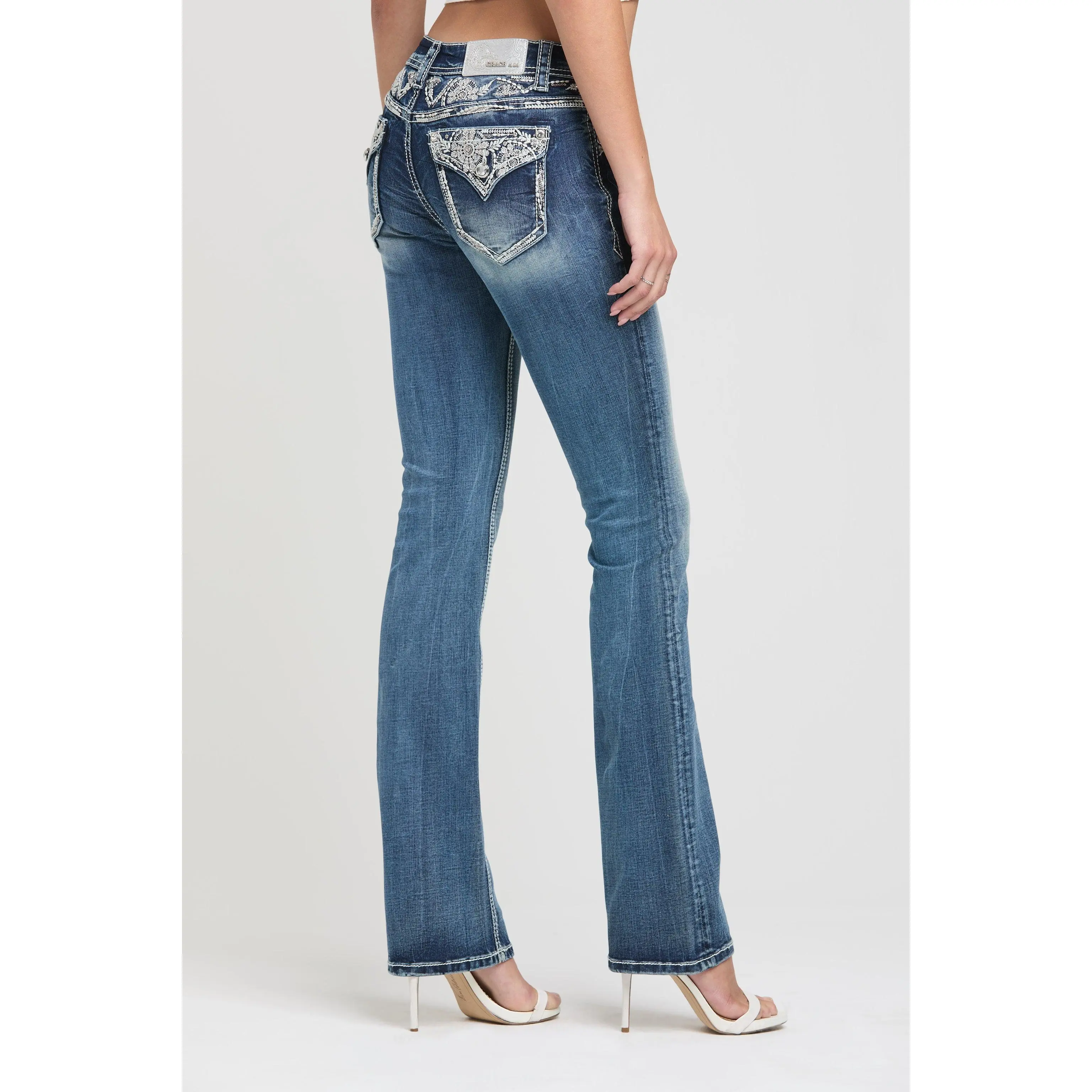 Aztec Yoke Stitch Bootcut Jeans Women Mid Rise Medium Blue Wash Rhinestone Western Denim