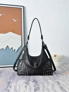 Punk Style Crossbody Shoulder Bag, PU Leather Skull Embossed, Adjustable Dual Strap, Rivet Design, All Seasons Fashion Accessory, Crossbody Shoulder Handbag, Crossbody Shoulder Purse