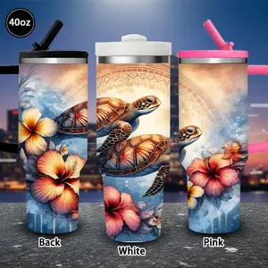 1 pc 40 oz Hawaiian Turtle & Hibiscus Tumbler with lid and straw, winter insulated travel mug, gift for women and men, ideal for Valentine’s Day, Easter, birthday gifts, iced/hot coffee cup