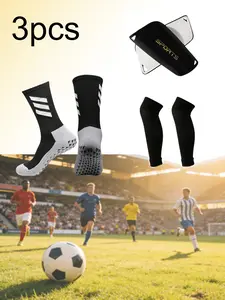 3-Piece Men Women Soccer Equipment Shock Absorption Wear Resistant Football Socks Fitness Running Cycling Hiking Socks Elastic Leg Covers Shin Pads