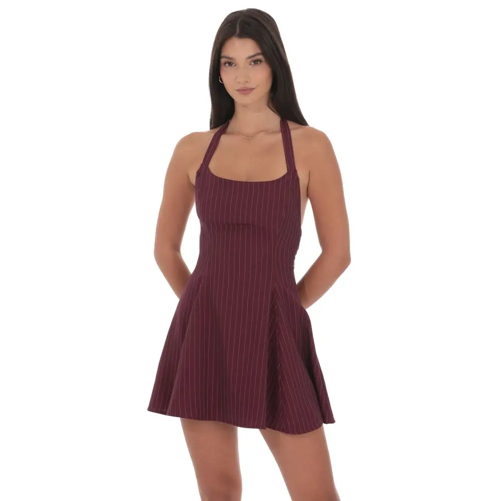 Pinstripe Halter Fit and Flare Dress in Burgundy