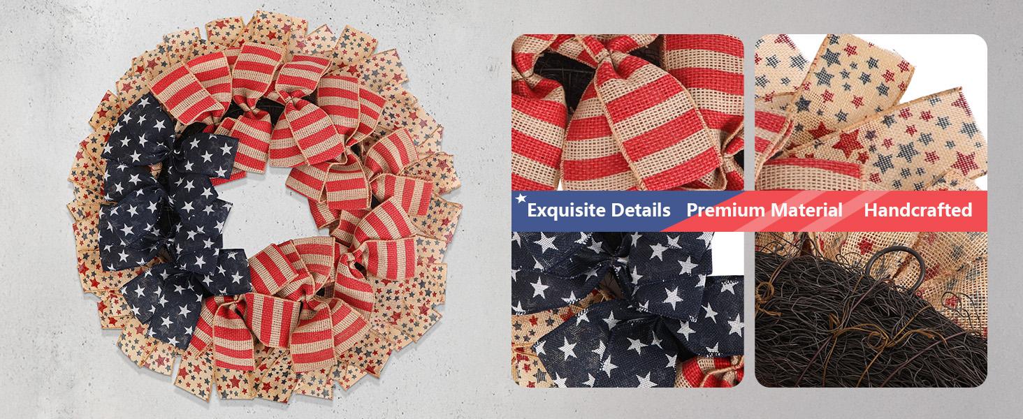 24Inch 4th of July Wreath  Patriotic Burlap, Stars & Stripes, USA 250th Anniversary  Memorial Day Flag Decor for Front Door Outdoor