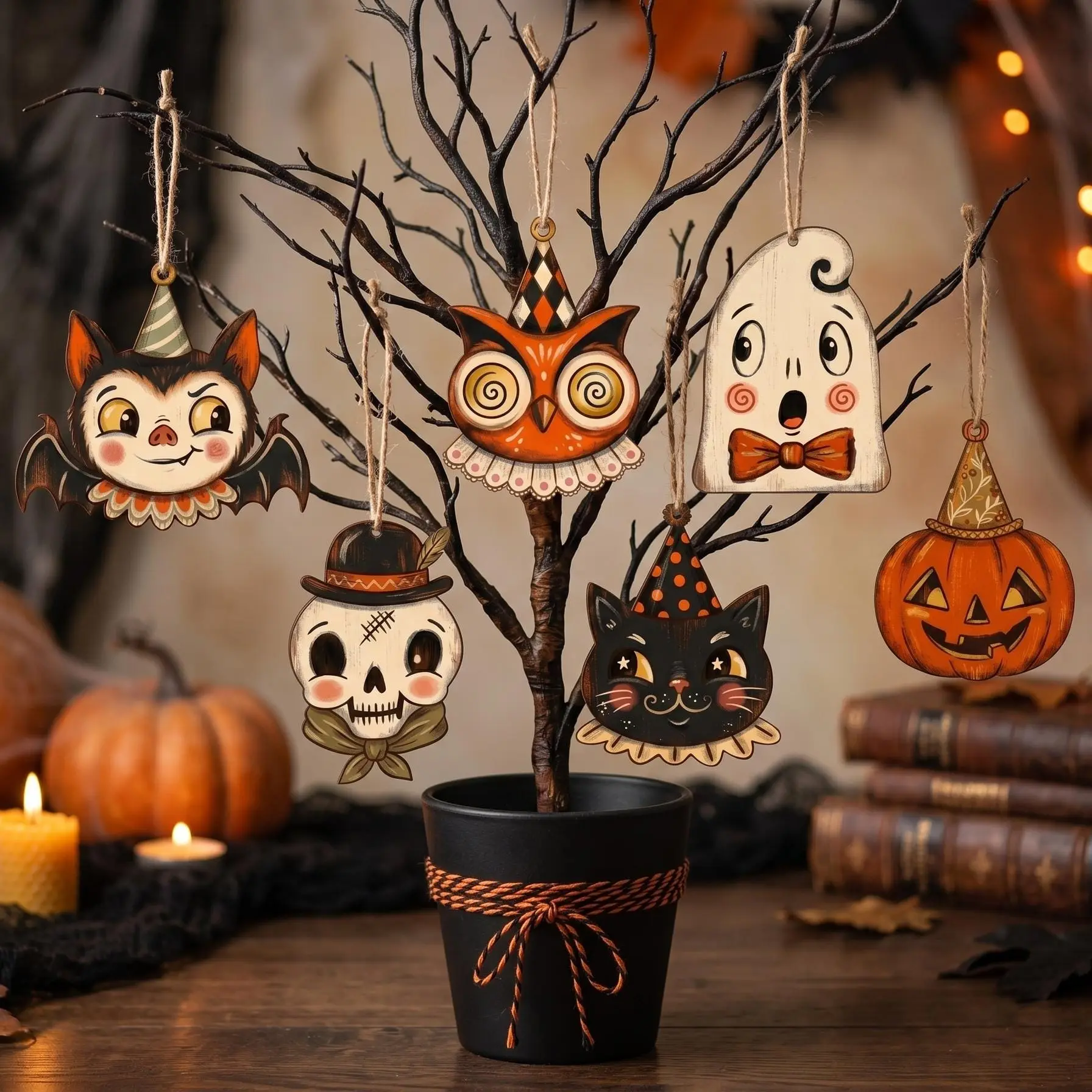 Vintage Halloween Tree Ornaments Set, Vintage Halloween Decor 2026, Mini Spooky Hanging Decorations with Ghost, Pumpkin, Black Cat, Skeleton, Owl & Vampire, Halloween Home Decor