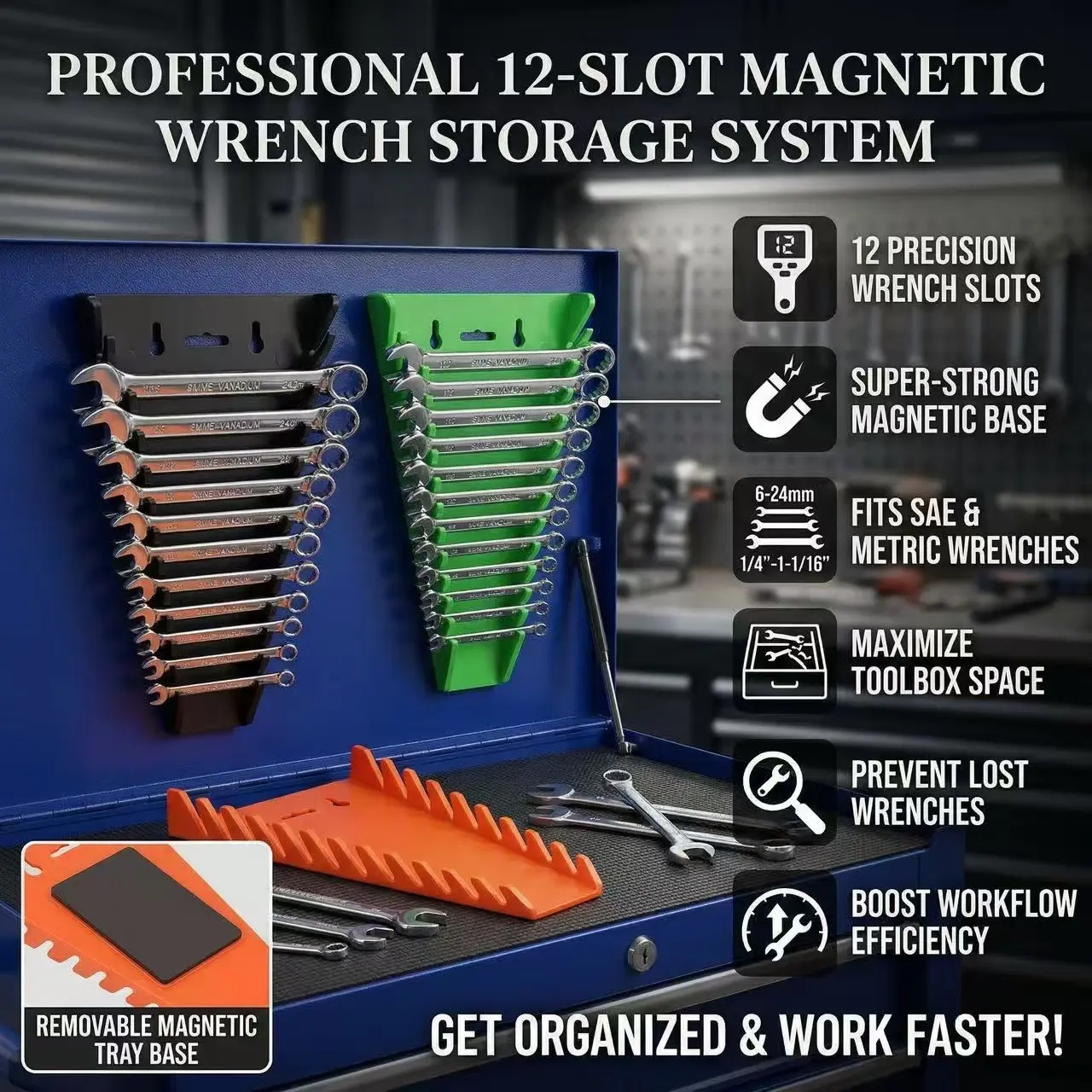 Magnetic Wrench Holder Rack Set, 2 Pieces with 12 Slots, Tool Organizer for Adjustable Wrenches, Construction Tool Organizer, Strong Magnetic Base, Garage Tool Storage, Garage Tool Organiser, Tool Holders ( and Blue)