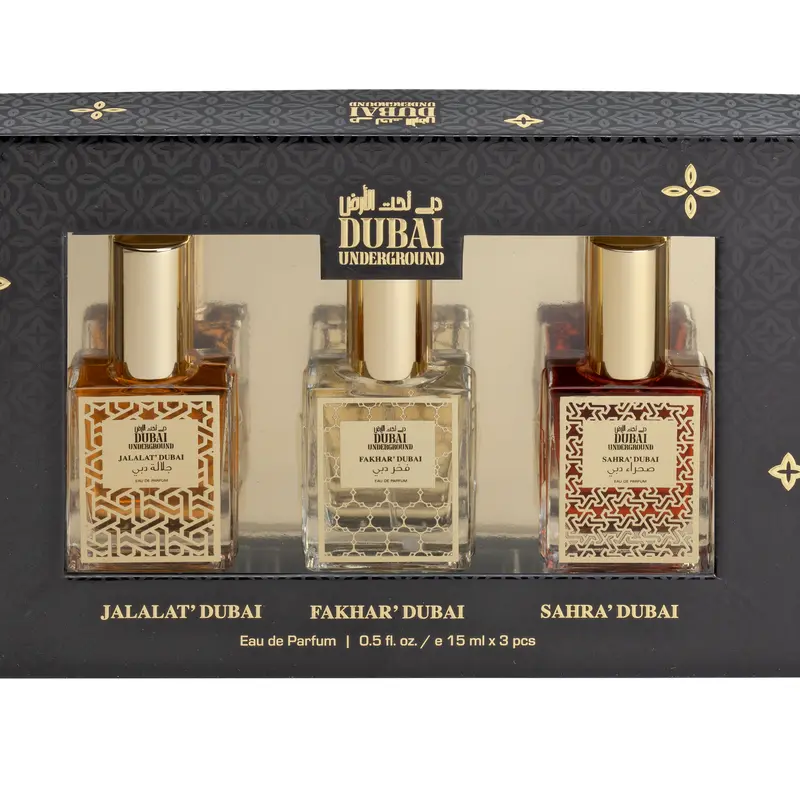 Dubai Underground | 3PC Mini EDP Arabic Collection – Jalalat, Fakhar & Sahra – 0.5fl.oz / 15ml Each – Arabian Fragrances with Rich & Exotic Notes – Long-Lasting All-Day Scent | Ideal for Travel, Gifting, or Everyday Wear