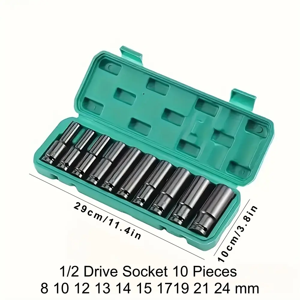 10PCS 1/2-Inch Drive Deep Impact Mechanic Tools Set, Metric 8-24mm Black Oxide Anti-Rust Metal Sockets, Portable & Socket Sets for Auto Repair, Passenger Car Small Machinery Tool Upgrade, Green Storage Box