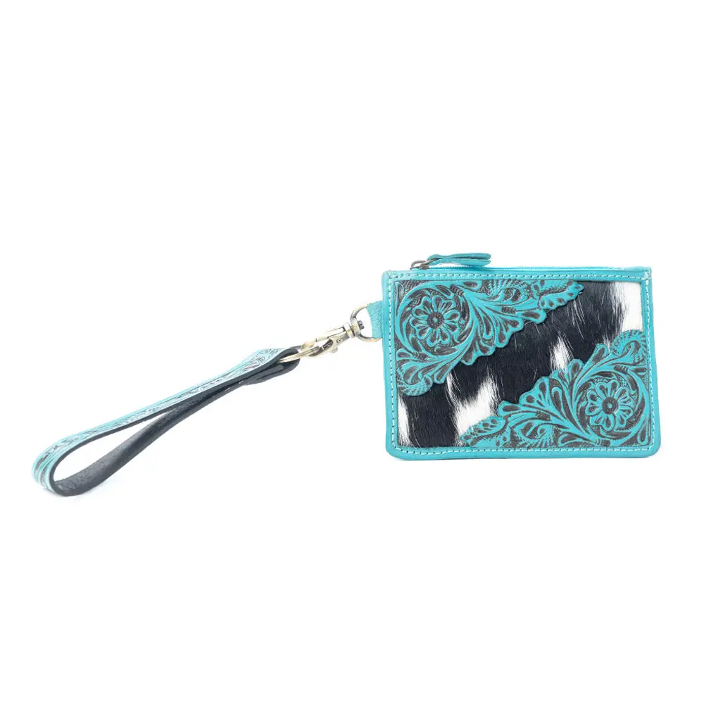Women's Leather Wristlet Wallet, Handtooled Hairon Western Purse in Sage Green with Zipper and Detachable Strap, Western Purses, Wallet Cards, Credit Card Wallet