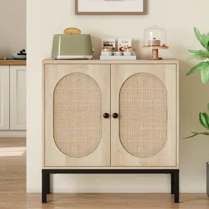 Modern Rattan Buffet Sideboard Cabinet, Wooden Entryway Storage Cabinet with Glass Doors & Adjustable Shelves, Versatile Console Table for Living Room, Dining Room & Kitchen