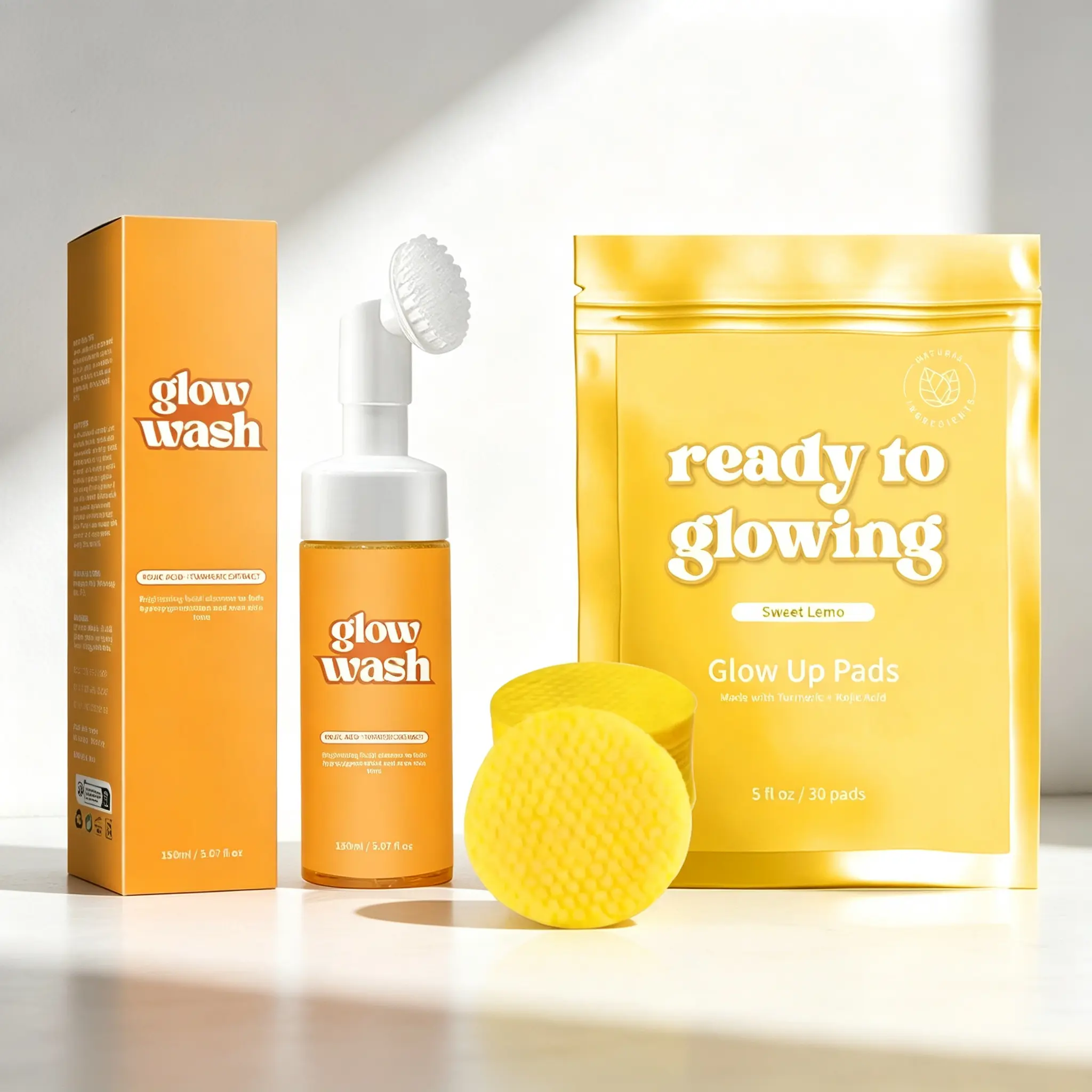 Glowing Skin Beauty Kit - Ready to Glow Facial Cleanser, Free Turmeric Pads & Sweet Lemo Exfoliating Pads for Healthy Comprehensive Skincare Routine