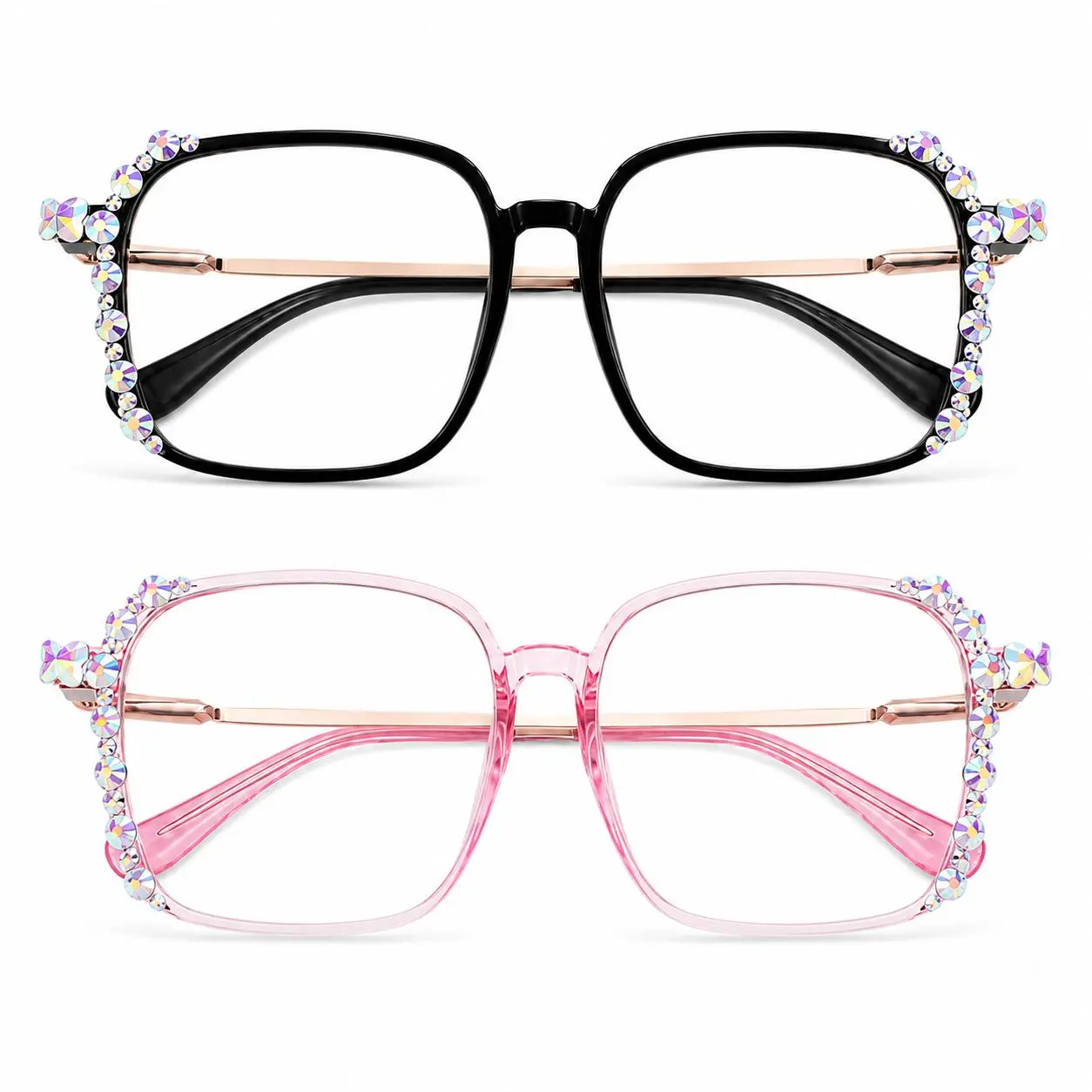 Photochromic Reading Glasses, Rhinestone Square Frame Non-Prescription Readers, Clear Indoor-Tinted Outdoor Lenses, Lightweight Daily Fashion Eyewear, 2-Color Options for Outdoor Fun
