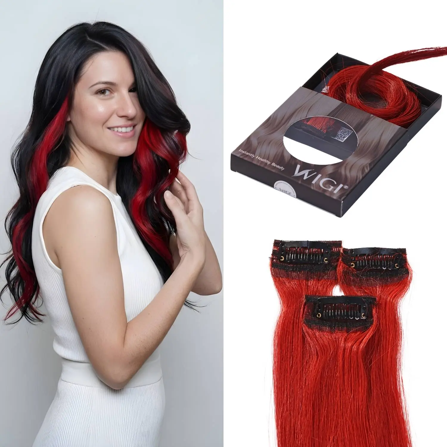 WIGI Red Highlight Clip-In Human Hair Extensions for Females, 18in Straight 100% Vietnamese Human Hair Weft Pieces, 3-Piece Party-Ready Reusable Set, 100% Human Hair, Reusability