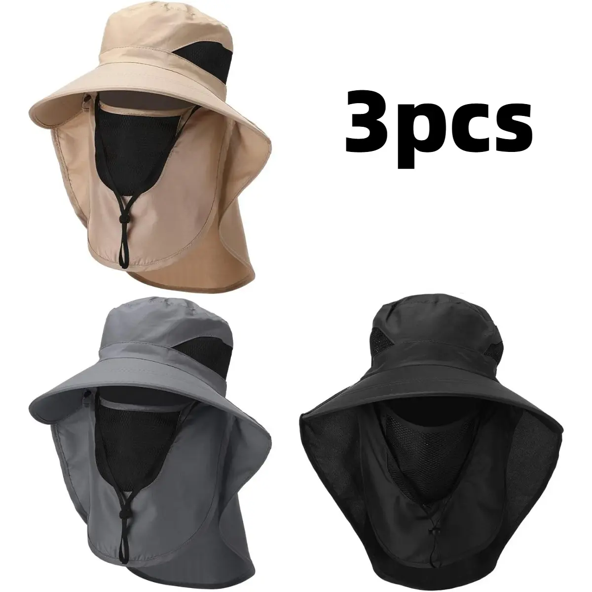3pcs 3-in-1 Outdoor Sun Protection Hats - 4 inches Brim, 3.55 in Depth, 22-22.8 inches Adjustable Fit, Detachable Neck Flap & Detachable Mask, Breathable Polyester Mesh, Adjustable Chin Strap for Hiking, Beach, Birthdays