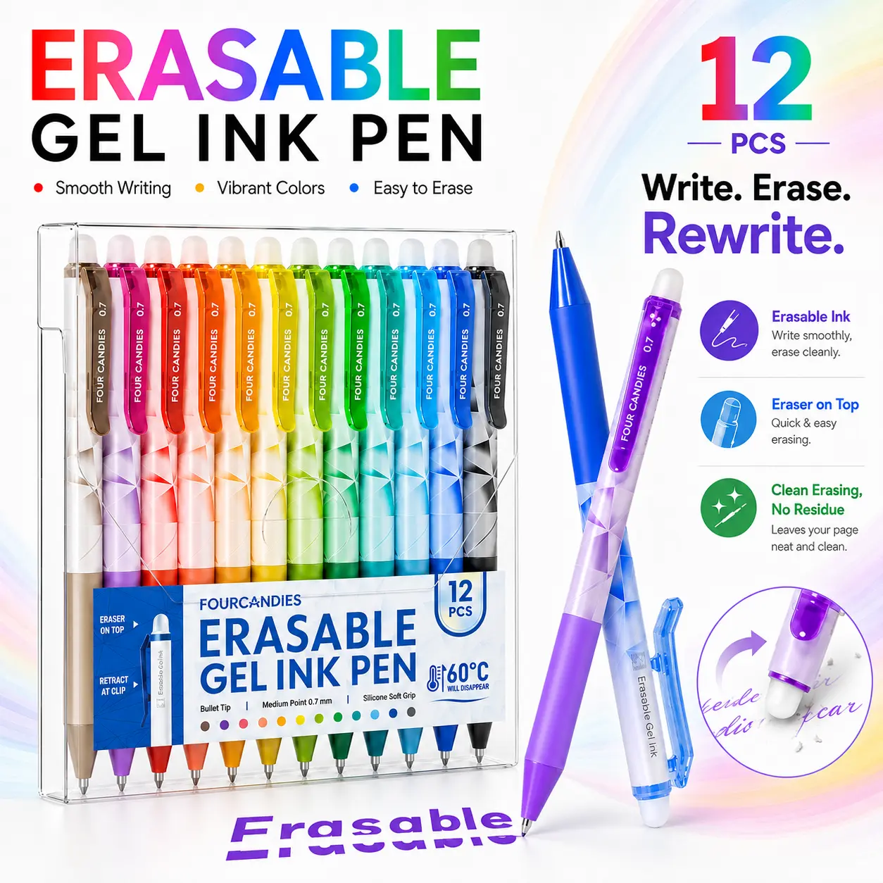 【Buy 1 Get Gift】Four Candies Girly Erasable Gel Pens,Retractable 0.7mm Medium Point with Eraser,Smooth Writing & Superior Ink,Perfect for Journaling,Planner & Drawing,Holiday Gift Ready, fun desk supplies back to school shopping Colorful Markers