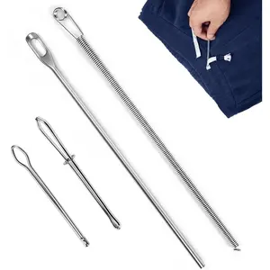 4Pcs Drawstring Threader Tool, Stainless Steel Threading Tool Kit with Spring-Loaded Tweezers & Safety Pins for Hoodies, Shoes, Pants Replace Lost Drawstrings, Elastic Cords Easily