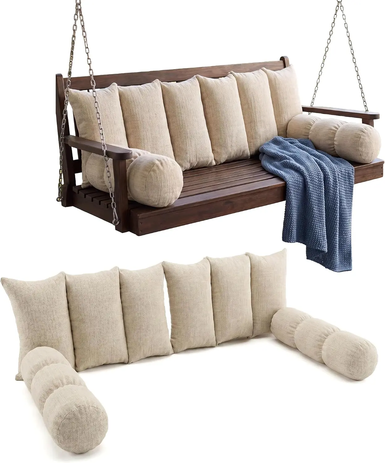 4 PCS Porch Swing Cushion Set with Removable Cover| Shredded Foam Filled Daybed Cushion.Soft Supportive Hanging Chair Cushion Replacement for Porch, Garden, Bedroom, Beige