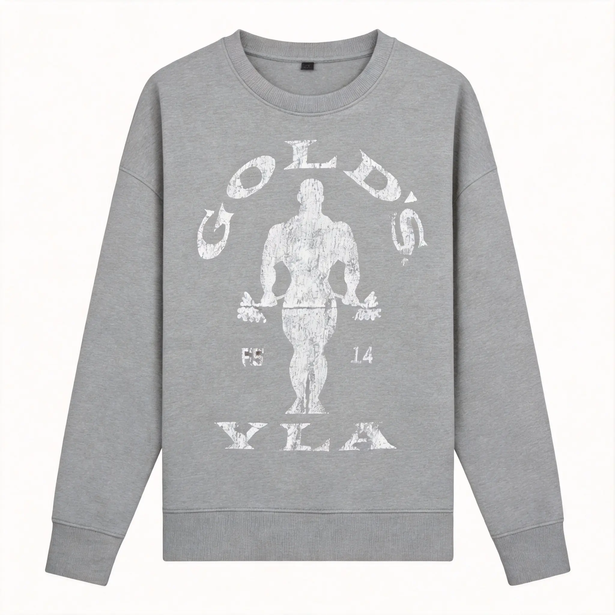 Men's Vintage Distressed Bodybuilder Weightlifter Graphic Crewneck Sweatshirt - Retro Golds Gym Style, Long Sleeve Round Neck Tops, Fitness Streetwear Pullover for Gym, Daily Use
