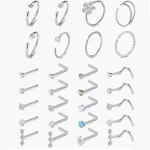 28-PCS 20G Nose Rings Hoops And Studs For Women Men - Hypoallergenic 316L Surgical Stainless Steel L Shape Nose Screw Bone Silver Rose Gold Black Rainbow Pack 28Pcs