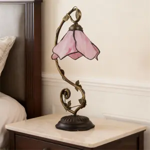 Tiffany Lamp Pink Stained Glass Table Lamp with Metal Leaf Design 7.9-inch Wide Lampshade 20-inch Height UL Listed for Bedroom Home Office Decorative Lighting