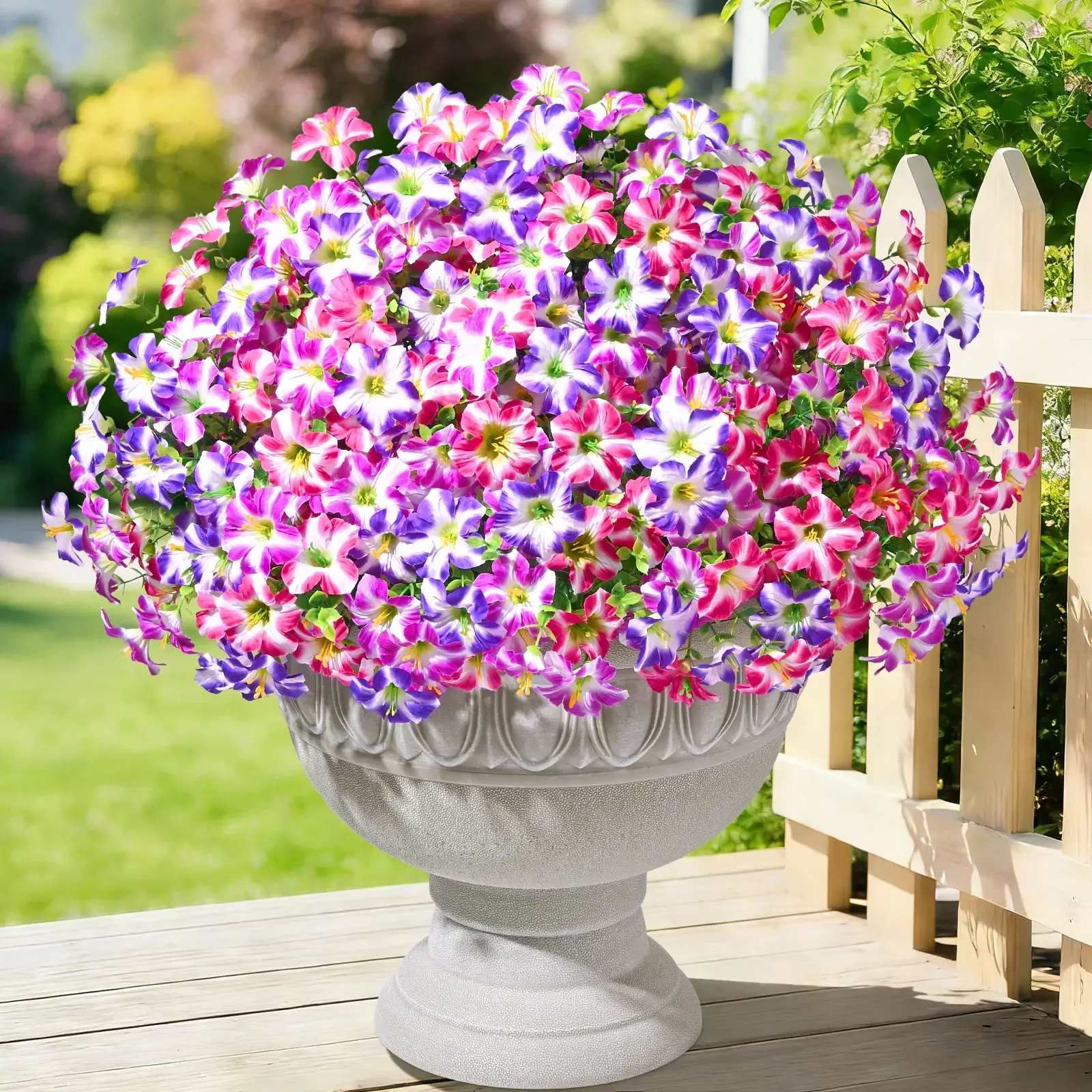 Plastic 12-Bundle UV-Protection Photorealism Artificial Petunias Set - Purple, Purple Red, Rose Red Flower Design Decorations for Front Porch, Study, Spring Summer Home Decor