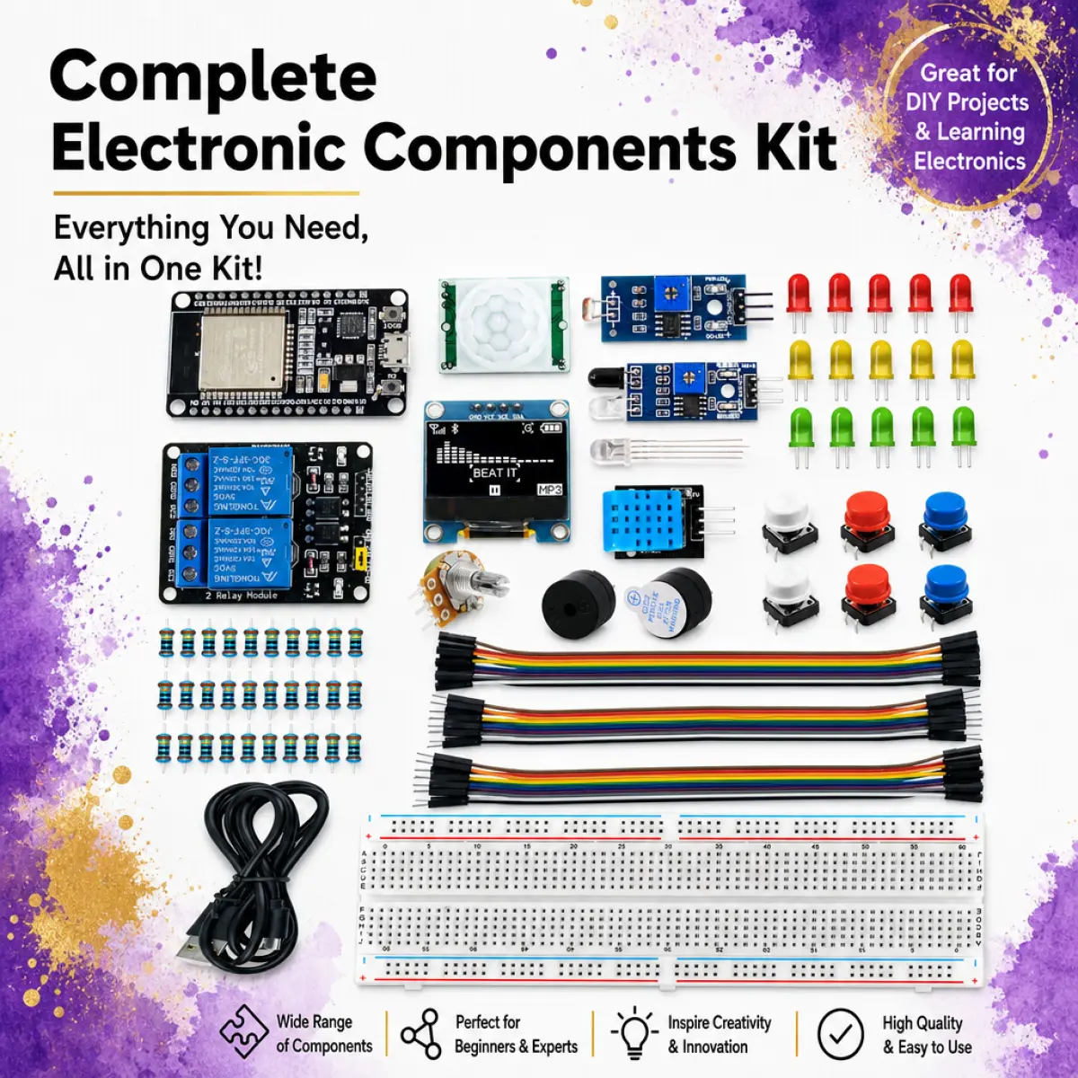 20-in-1 ESP32 Board Starter Kit - Complete Electronics Learning Set with OLED, DHT11, PIR IoT Sensors, Relay, Buzzer, LEDs, Breadboard for DIY IoT & Home Automation Projects