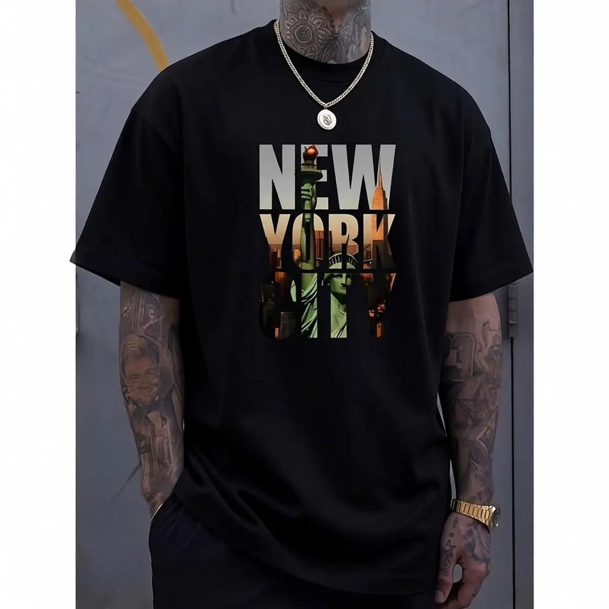 Men's 100% Cotton Short-Sleeve Round Neck NYC Graphic T-Shirt - Basic All Seasons Fashion Casual Summer Streetwear, Machine Washable Menswear Top, Tshirt