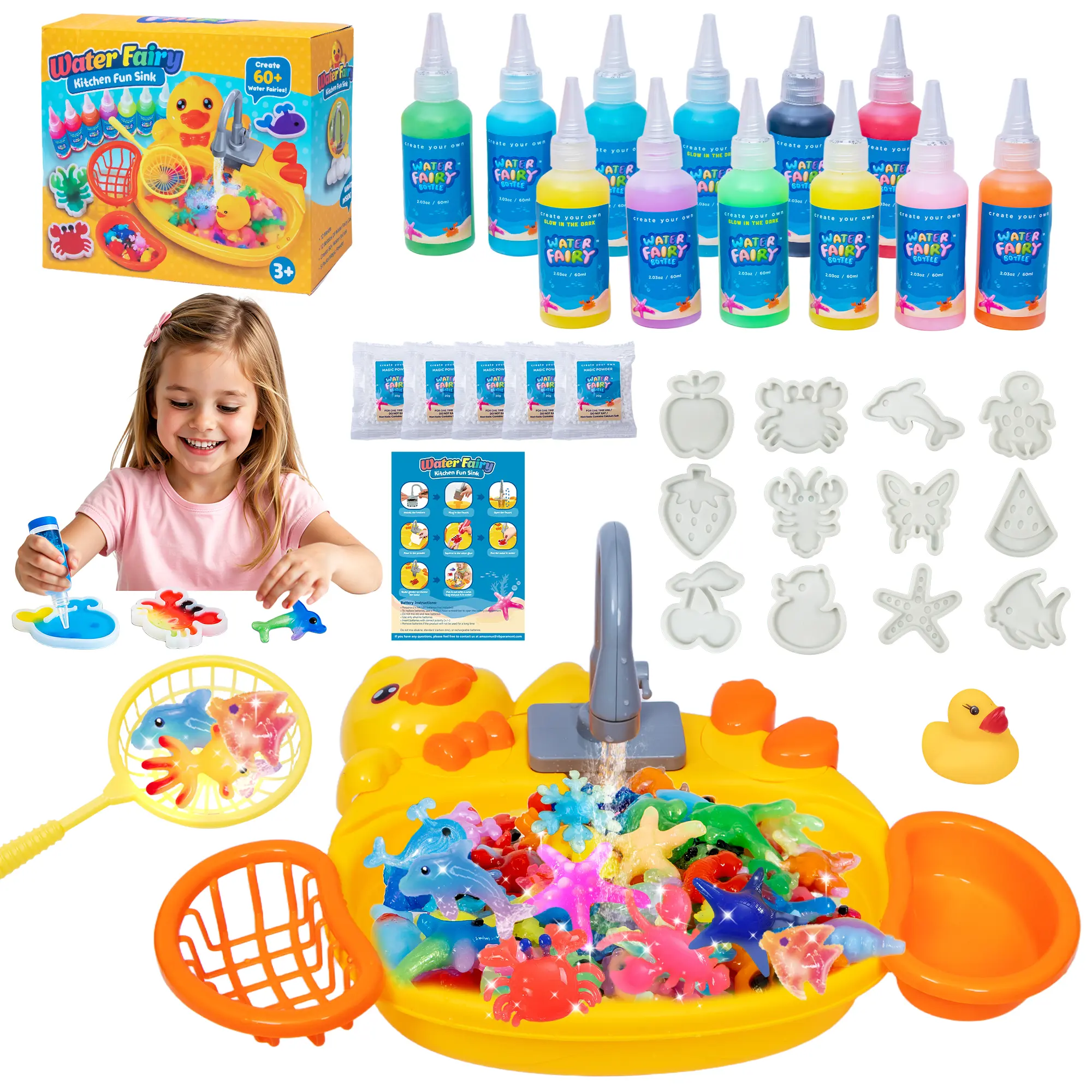CRAFTSPOT! Magic Water Elf Toy Set – Duck Pool DIY Gel Animals, 12 Paints, 12 Molds, Non-Toxic STEM Sensory Toy for Kids