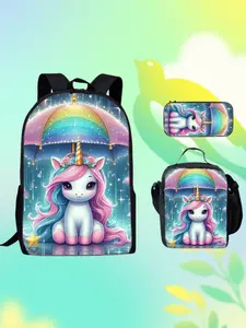 Cute Unicorn Backpack Set for Girls, Rainbow Umbrella Print School Bag, Includes Lunch Box and Pencil Case, Lightweight Kids Bookbag