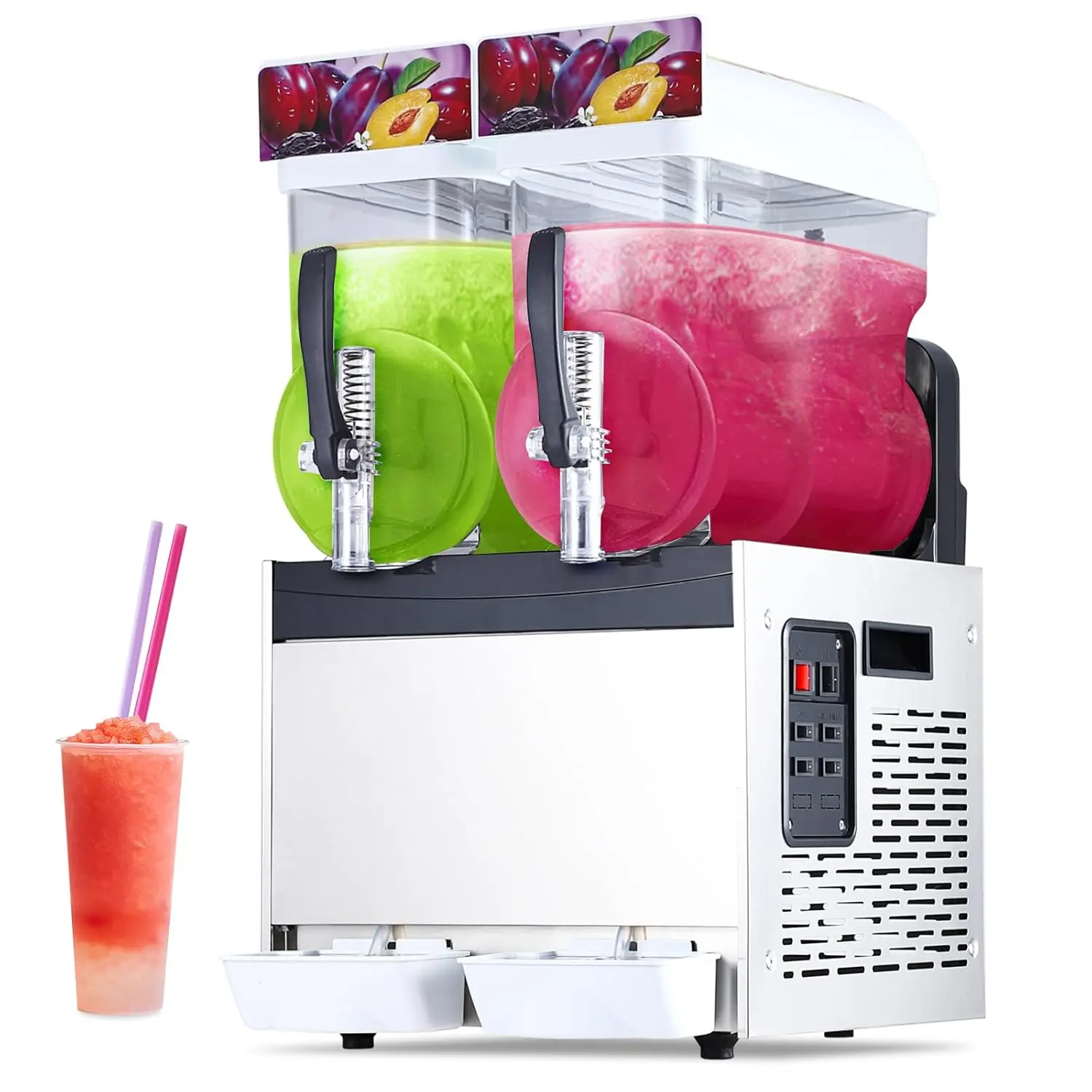 Commercial Frozen Drink Machine - 8 Gal/30L (15L x 2 Tanks), 3 Bowls, 700W Advanced All-Copper Condenser, Efficient Cooling, Quick Blending, Temperature Control & Preservation, Stainless Steel Maker for Restaurant, Bar