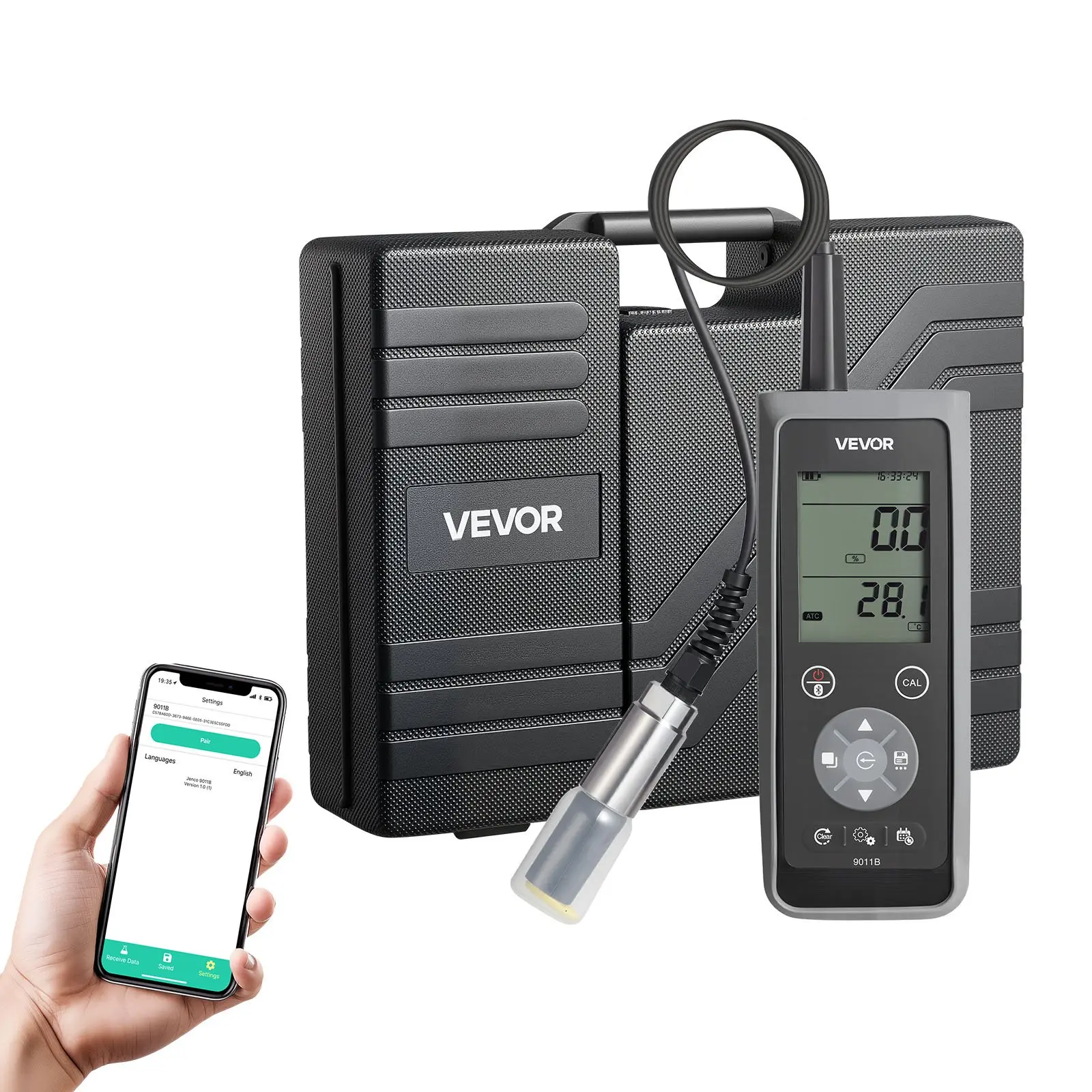 VEVOR Dissolved Oxygen Meter, 0.0-50.0 mg/L Measurement Range, Portable Dissolved Oxygen Tester Kit with 13.1 ft Electrode Cable, Bluetooth/USB Data Transfer, 750 Data Sets Storage, DO Meter for Ponds