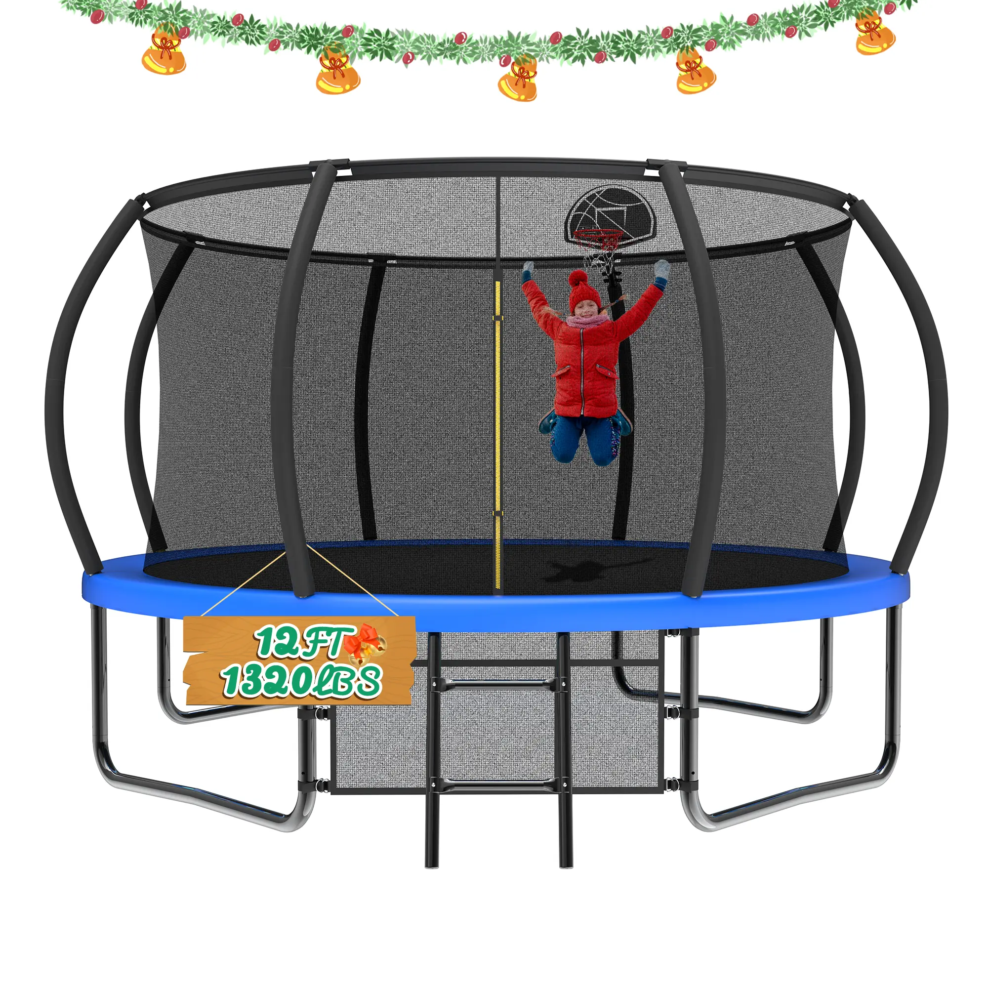 Mersco 12ft Upgraded Unisex Outdoor Backyard Trampoline - Blue Pumpkin Theme, Curved Pillars, Safety Fence, Basketball Hoop, Ladder, 330 lbs Capacity, High-Strength Mat, Stake-Down Stability, Complete Kit for Family Fun Exercise Equipment