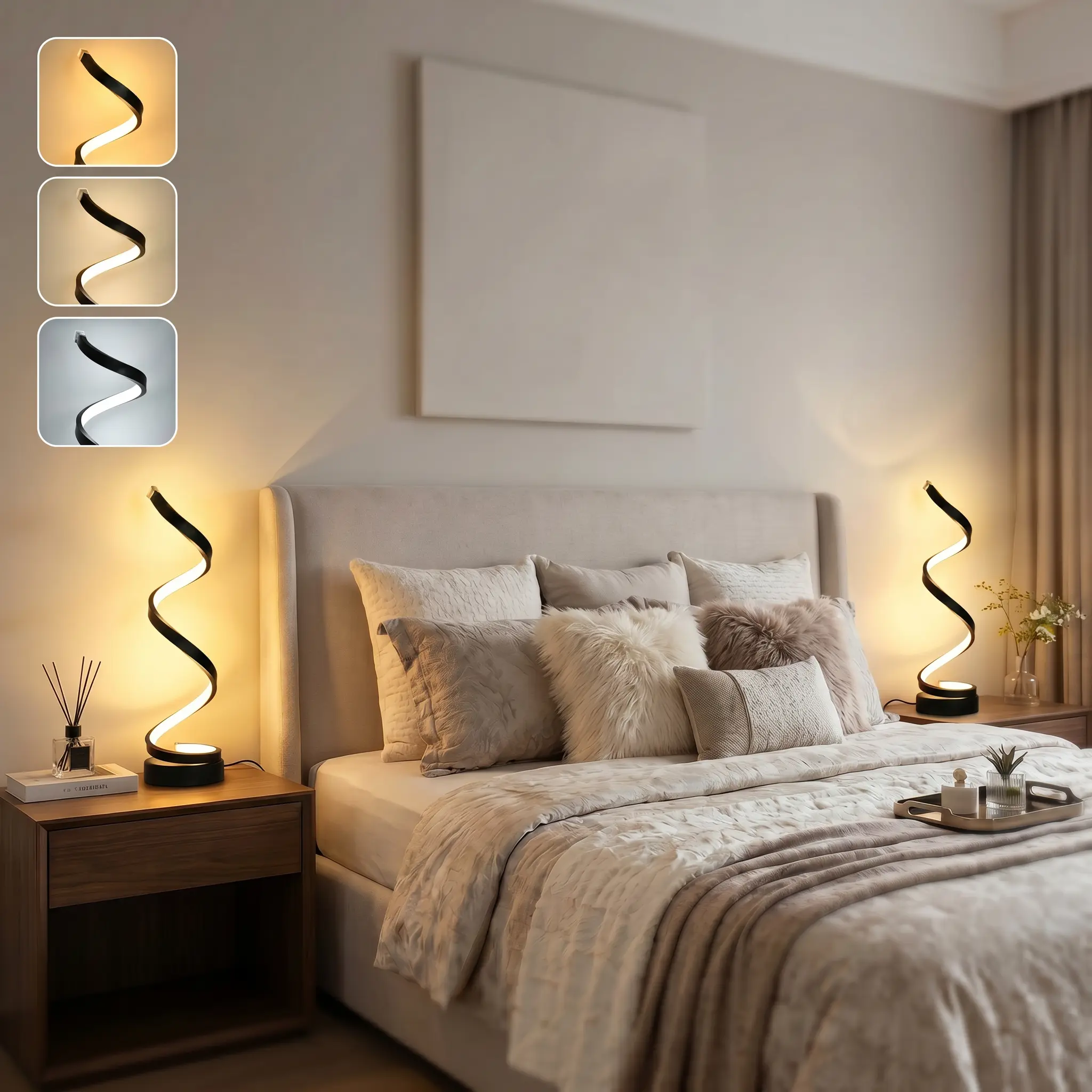 2-Pack Aesthetic Black Spiral LED Table Lamps, Touch Control, 3 Color Temperatures, 10 Dimmable Brightness Levels, Eye-Caring No-Flicker, USB-C Charging, for Bedroom, Living Room Home Decor Bedside with Fabric Shade