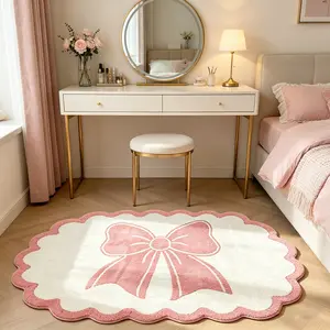 Bow Wave Edge Rug, Korean Style Bedroom Vanity Mat, Sweet Bedside Carpet, Non-Slip Durable Kids Room Decor, Washable Window Seat Rug