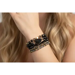 Black Druzy Stone Beaded Bracelet Stack