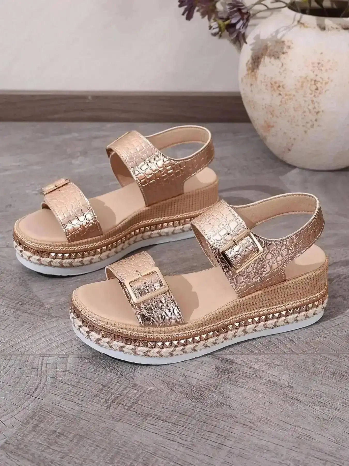 2026 Summer Dressy Women's Platform Gold Sandals Boho Style Wedge Thick Sole Studded Bohemian Open-Toe Roman Comfortable Casual Elegant Plus Size Available for Beach Leisure Lifestyle Easy On Chic Walking Shoes