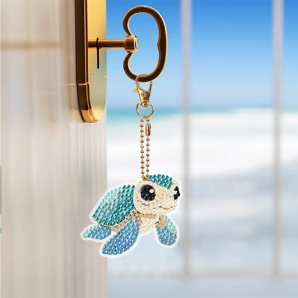 12PCS Sea Turtle DIY Diamond Painting Keychains, Double-Sided Full Drill Acrylic Animal Keychain Kit, Cute Turtle Bag Charms Craft Pendant Set for Gift