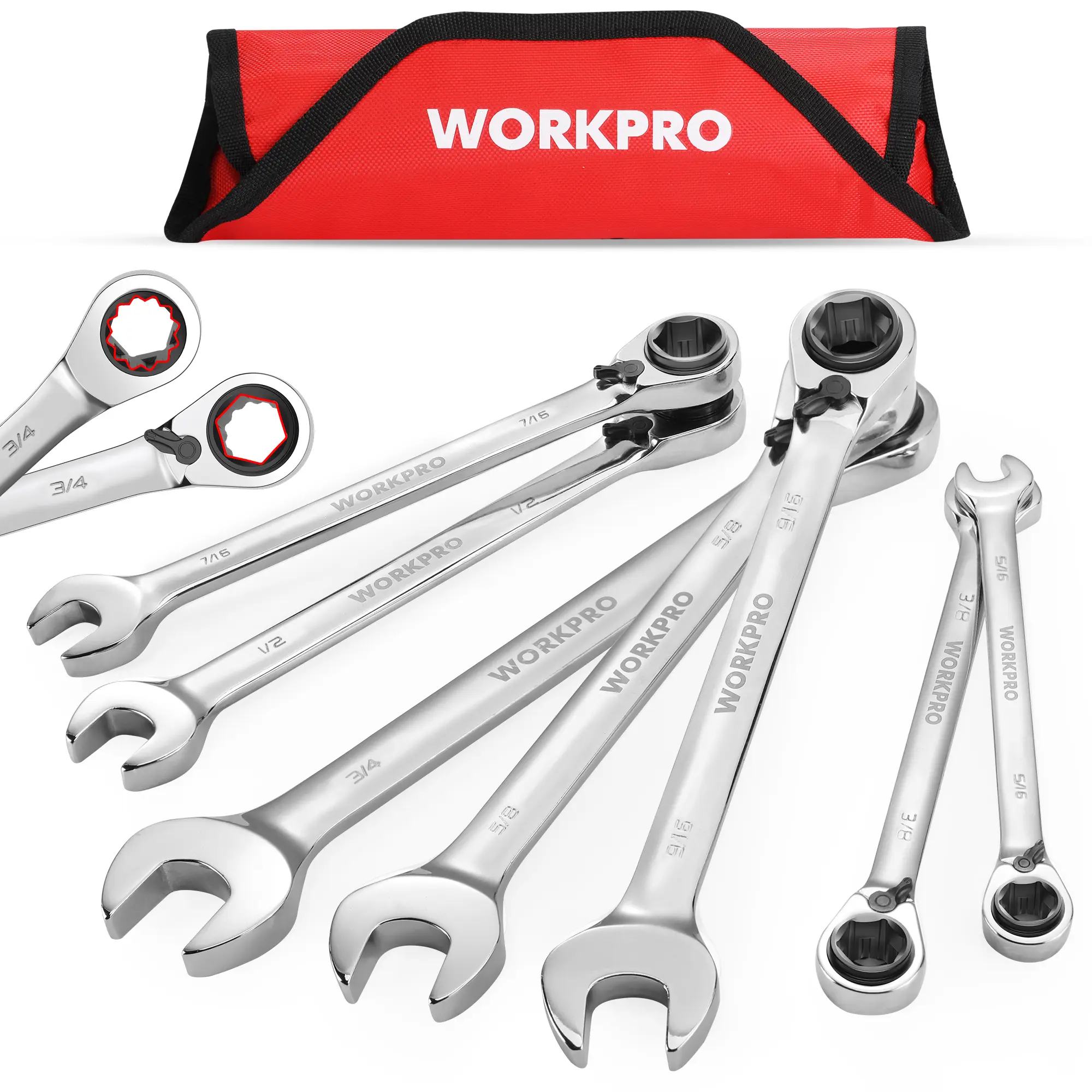 #toolupgrade WORKPRO 7-Pack 3-in-1 Multi-Function Reversible Ratchet Wrench Set, 72-Teeth 6PT&12PT&Open-End Tool with Rolling Pouch, SAE/Metric Sizes Inches/MM, for Home Improvement, Auto Repairs, Multi-Function Tool