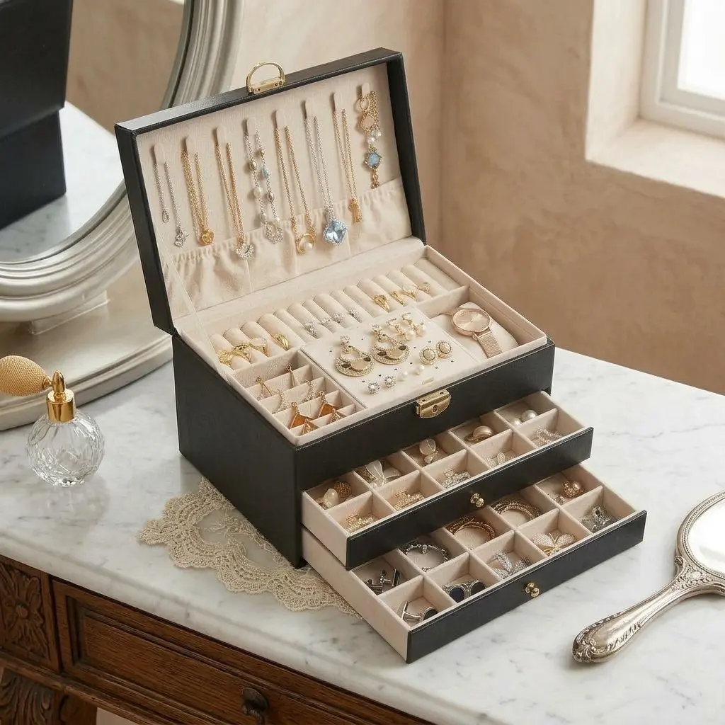 Large 3-Layer Leather Jewelry Box Organizer with Lock for Women - Multi-Functional Watch & Display Storage Case for Rings, Earrings, and Necklaces