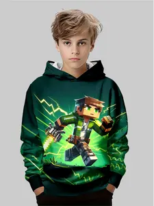 Minecraft Lightning Pixel Warrior Kids Hoodie, Game Style, Casual Long Sleeve Fitted Pullover, Fall & Winter Fashion