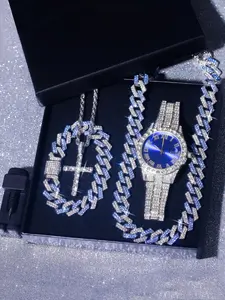 Men's Street Trend Rhinestone Decor Watch & Jewelry Set, Including Round Dial Watch & Cuban Chain Necklace & Bracelet, Chic Hip Hop Jewelry Set for Gift, Fashion Watch Set