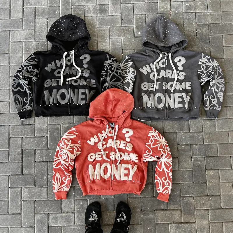 Men’s cropped zip up hoodie, rhinestone distressed vintage hooded jacket, streetwear sweatshirt with “Who Cares Get Some Money” graphic and floral sleeves