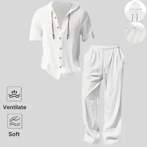 Men's lightweight two-piece set with a hood,casual vacation style, loose and breathablethin fabric, hooded sweatshirt and wide-legpants, for summer wear