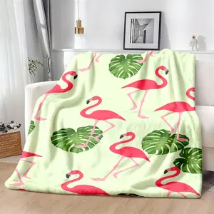 1Pc Extra Soft Plush Flannel Blanket Luxury Tropical Flamingo & Palm Leaf Print In Pink, Green, Mint AllSeason Cozy Throw For Bed, Sofa, Travel, Camping Machine Washable Women'S Home Dec