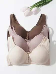 Women's 3/4pcs Lingerie, Cotton Front Buckle Sport Bra, Wireless Max Support, Supportive Sports Bra, Slim-Fitting, All Seasons, Plain Pattern, No Steel Ring