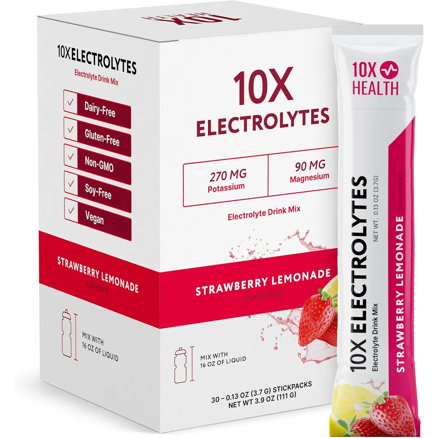 10X Health Electrolytes – Strawberry Lemonade Hydration Powder – With Potassium, Sodium & Magnesium – Unsweetened Electrolyte Drink Mix – 20 Single-Serve Packets