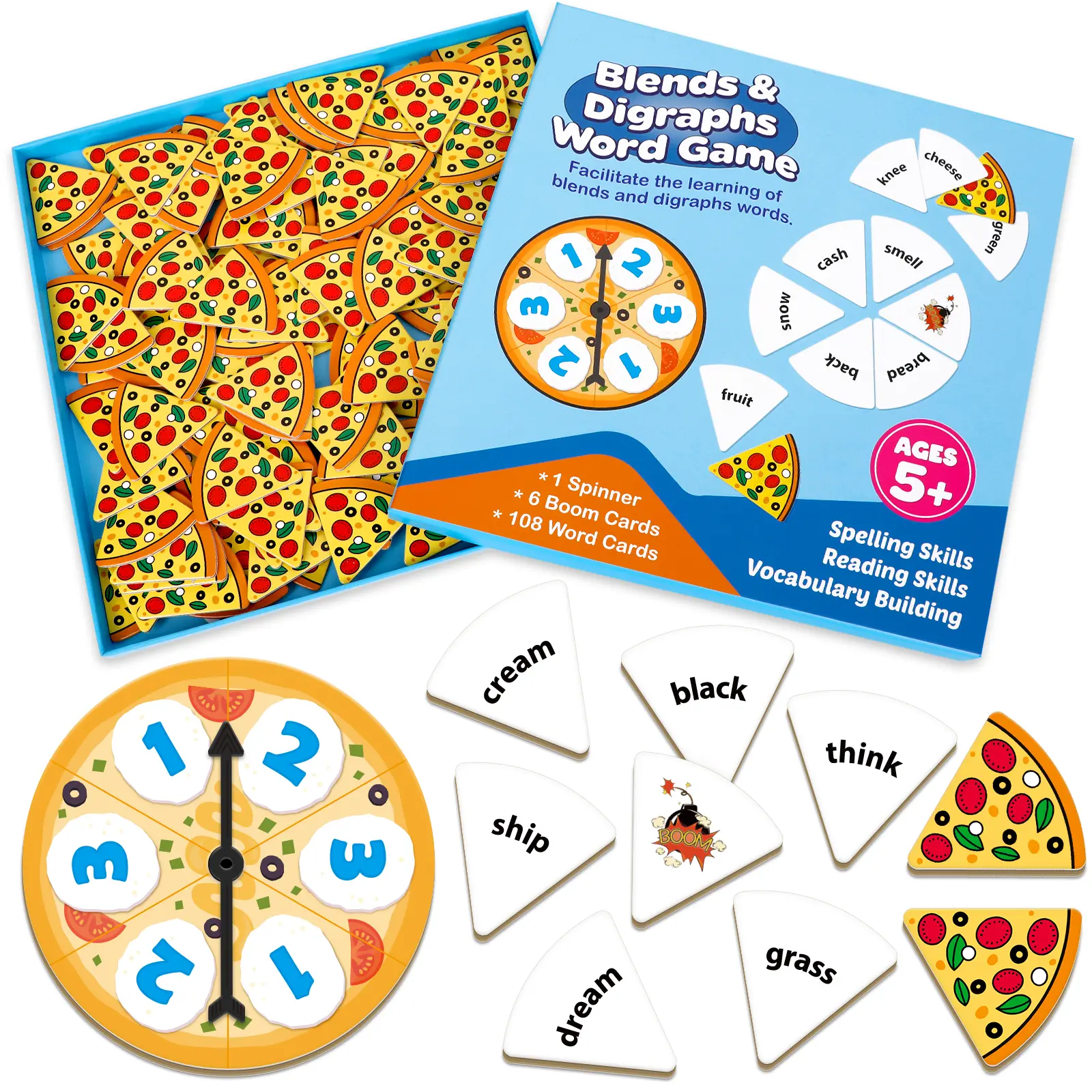 Kasfalci Interactive Phonics & Language Learning Toy - 108 Cards, Blends & Digraphs Flash Cards, Sight Word Games, Montessori Educational Tool for Kids, Home & Classroom Use, Boosts Reading Skills, Group Play Stocking Stuffer